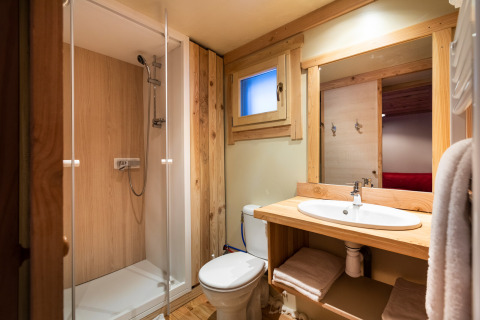 Bagno in una sistemazione glamping con doccia, WC, dettagli in legno e lavabo moderno.