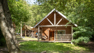 Cabaña de madera llamada The cabin entre árboles verdes, con porche y ambiente tranquilo en el bosque.