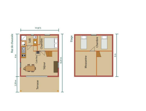 Plano de una cabaña de dos plantas con terraza, dormitorios, mezzanine, sala de estar y baño.