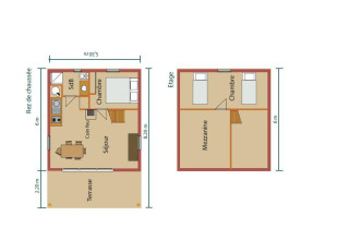 Grondplan van een tweelaagse hut met terras, slaapkamers, mezzanine, leefruimte en badkamer.