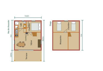 Plan d'une cabane à deux étages avec terrasse, chambres, mezzanine, salon et salle de bain.