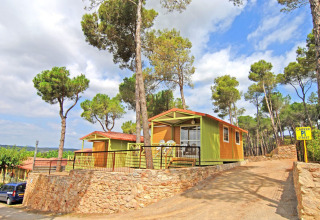 Bungalow Morea au Camping Mas Patoxas en Espagne, entouré de pins et de nature sous un ciel ensoleillé.