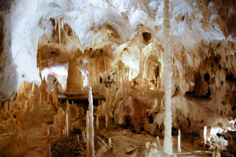 Impressive cave near Sassoferrato, Marche, Italy, featuring numerous stalactites and stalagmites formations.