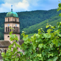 Vista de una iglesia con torre de cúpula verde tras viñedos cerca de Saverne en Grand Est, Francia.