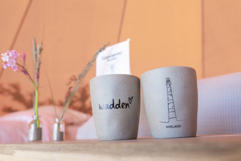 Two cups with 'wadden' and 'Ameland' text on a table at Little Canvas Escape, Friesland, Netherlands.
