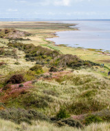 Paisaje costero con dunas y personas paseando cerca de Nes, Friesland, Países Bajos, junto al mar.