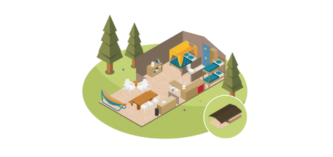 Illustrazione di una tenda safari con letti a castello, tavolo, sedie, amaca e alberi, vista interna.