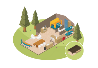 Illustrazione di una tenda safari con letti a castello, tavolo, sedie, amaca e alberi, vista interna.
