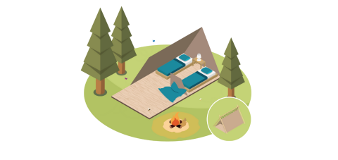 Ilustración de una tienda safari con dos camas, fogata y árboles en Camping Pian di Boccio, Italia.