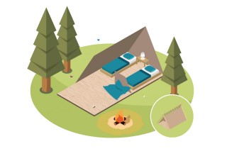 Illustrazione di una tenda safari con due letti, falò e alberi al Camping Pian di Boccio, Italia.