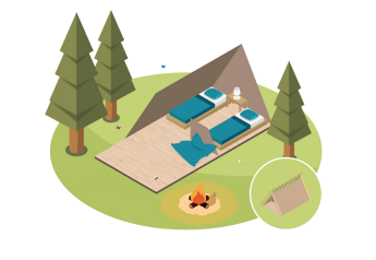 Ilustración de una tienda safari con dos camas, fogata y árboles en Camping Pian di Boccio, Italia.
