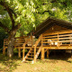 Safari Lodge + Teeny Lodge: Tienda safari elevada sobre plataforma de madera con hamaca, en entornos naturales verdes.