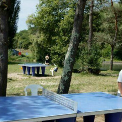 Niños juegan al tenis de mesa al aire libre en Camping Les Tailladis, rodeados de naturaleza en Francia.