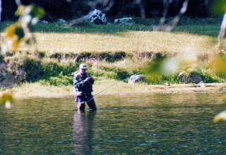 Hombre pescando con mosca en un río en parque de glamping, rodeado de naturaleza y césped al sol.