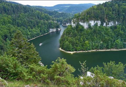 Vista panorámica del lago en Camping Lac des Brenets, Neuchâtel, Suiza, rodeado de bosque verde