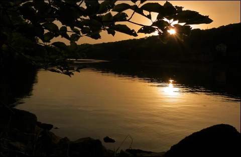 Sunset over the lake at Camping Lac des Brenets in Neuchâtel, Switzerland, seen through leafy branches.