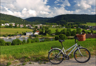 Udsigt over landsby, sø, både og bakker nær Camping Lac des Brenets, Neuchâtel, Schweiz, cykel i forgrunden.