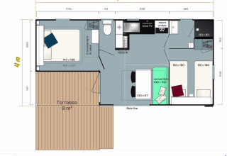 Plano de una casa móvil en Drau Camping Sachsenburg, Austria, con tamaños detallados de habitaciones.