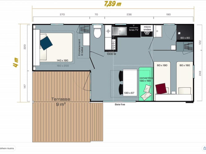 Plano de una casa móvil en Drau Camping Sachsenburg, Austria, con tamaños detallados de habitaciones.