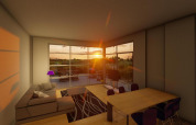 Salon du lodge Cube Exclusif au coucher du soleil à EuroParcs De Zeeuwse Duinen, avec vue sur terrasse.