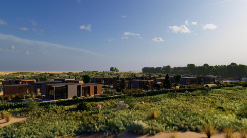 Moderne lodges på Cube Exclusif ved EuroParcs De Zeeuwse Duinen, omgivet af natur i Nederlandene.