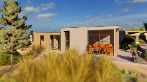Moderne Cube Exclusif lodge bij EuroParcs De Zeeuwse Duinen in Nederland, omgeven door zon en natuur.