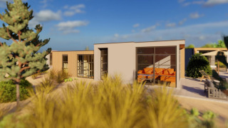 Moderne Cube Exclusif Lodge im EuroParcs De Zeeuwse Duinen, Niederlande, mit sonniger Terrasse.