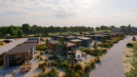 Lodge moderne Cube Exclusif a EuroParcs De Zeeuwse Duinen nei Paesi Bassi, circondate dalla natura.