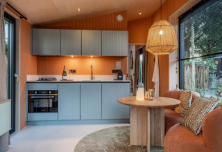 Cozy kitchen and living area in the Tiny Wellness Suite at Holiday Park De IJsvogel, Netherlands, with warm decor.