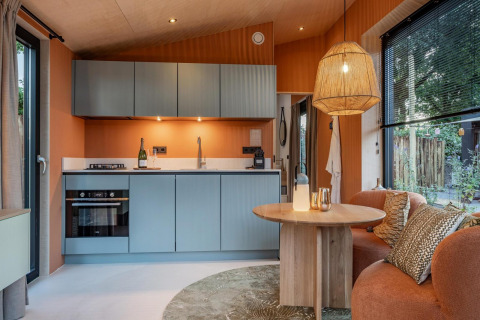Moderne, hyggelig køkken og opholdsstue i Tiny Wellness Suite på Holiday Park De IJsvogel, Holland, med naturlig belysning.
