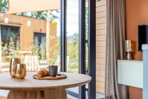 Gezellige Tiny Wellness Suite bij Holiday Park De IJsvogel met zicht op de tuin in Nederland.