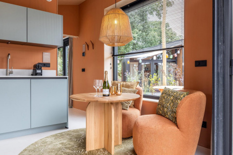 Modern tiny house interior with kitchenette and cozy seating at Tiny Wellness Suite, De IJsvogel, Netherlands.