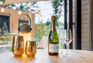 Ambiente acogedor con cava Jaume Serra, copas y lámpara en Tiny Wellness Suite de De IJsvogel, Países Bajos.