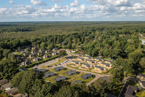 Vista aérea de Tiny Wellness Suite y otras casas pequeñas en Holiday Park De IJsvogel, Países Bajos, junto al bosque.