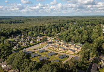 Luftfoto af Tiny Wellness Suite og andre småhuse ved Holiday Park De IJsvogel i Holland med skovområde.
