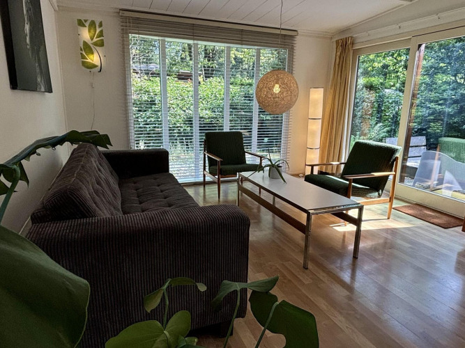 Woonkamer in Retro Lodge bij Bungalowpark Het Verscholen Dorp met grote ramen, retro meubels en groen uitzicht.