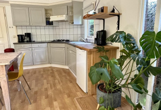 Cocina de Retro Lodge con armarios claros, mesa de madera, silla amarilla y gran planta en Het Verscholen Dorp.