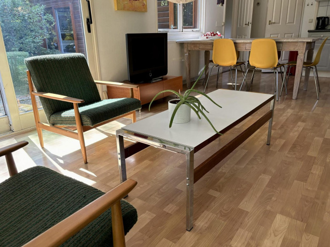 Woonkamer in Retro Lodge bij Bungalowpark Het Verscholen Dorp met groene fauteuils en gele stoelen.