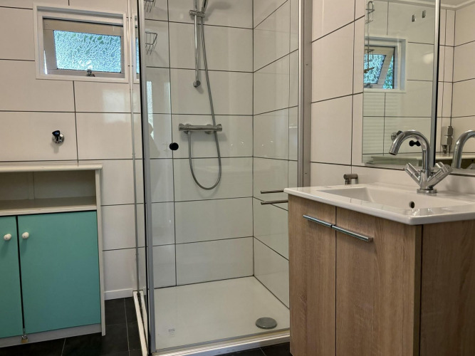 Baño moderno en Retro Lodge, Bungalowpark Het Verscholen Dorp, Países Bajos, con ducha y lavabo.