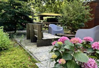 Outdoor patio with hydrangeas, chairs, and wooden bench at Retro Lodge, Bungalowpark Het Verscholen Dorp, Netherlands.