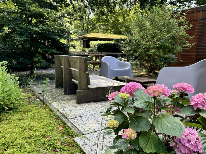 Terrasse extérieure avec hortensias et sièges modernes à Retro Lodge, Bungalowpark Het Verscholen Dorp, Pays-Bas.