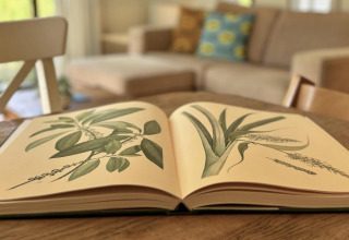 Open botanisch boek op tafel in de gezellige living van Tiny Lodge Basic, Bungalowpark Het Verscholen Dorp.