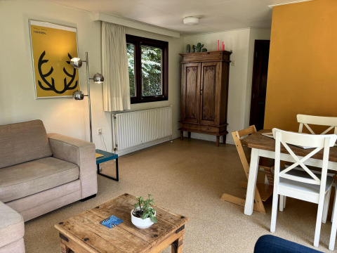 Sala en Tiny Lodge Basic de Bungalowpark Het Verscholen Dorp con sofá, mesa de comedor y armario antiguo.