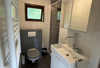 Baño moderno en Tiny Lodge Basic en Bungalowpark Het Verscholen Dorp, con ducha, inodoro y lavabo.