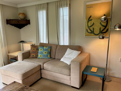 Sala acogedora con sofá beige, cojines coloridos, póster amarillo y lámpara en Tiny Lodge Basic, Países Bajos.