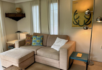 Soggiorno accogliente con divano beige, cuscini colorati, poster giallo e lampada in Tiny Lodge Basic, Paesi Bassi.