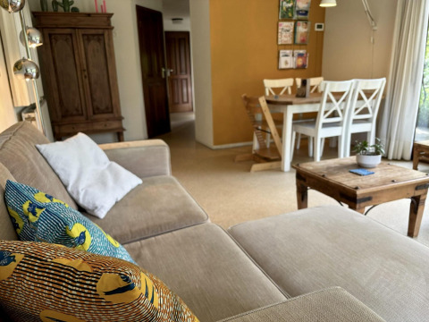 Stue i Tiny Lodge Basic med sofa, farverige puder, træmøbler og spiseplads i Bungalowpark Het Verscholen Dorp.