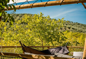 Blick aus dem Desert Lodge Safarizelt mit privatem Bad auf Camping Pian di Boccio, Italien, umgeben von Natur.