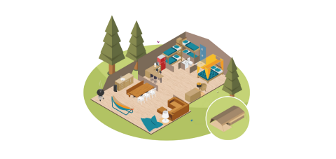 Illustration isométrique d'une tente safari avec espace de vie, lits superposés et activités extérieures.