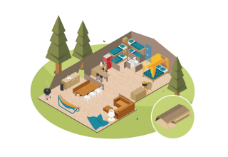 Illustration isométrique d'une tente safari avec espace de vie, lits superposés et activités extérieures.